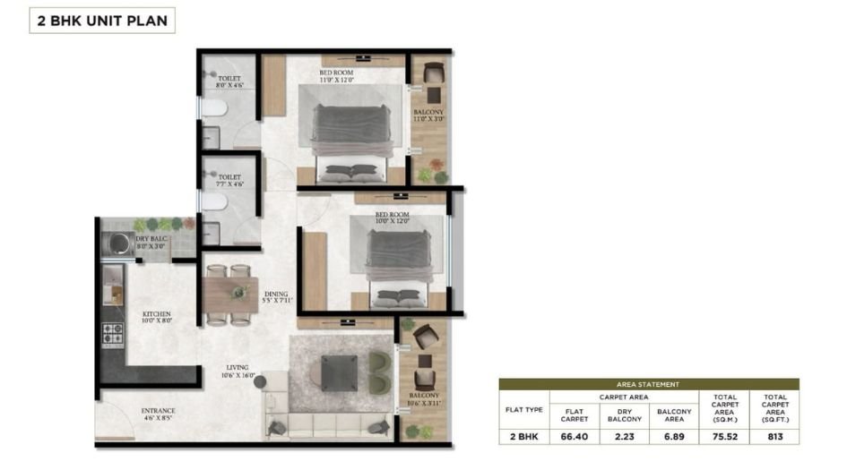 Triaa-Nesteraa-Floor-Plan-2 BHK-813 Sqft